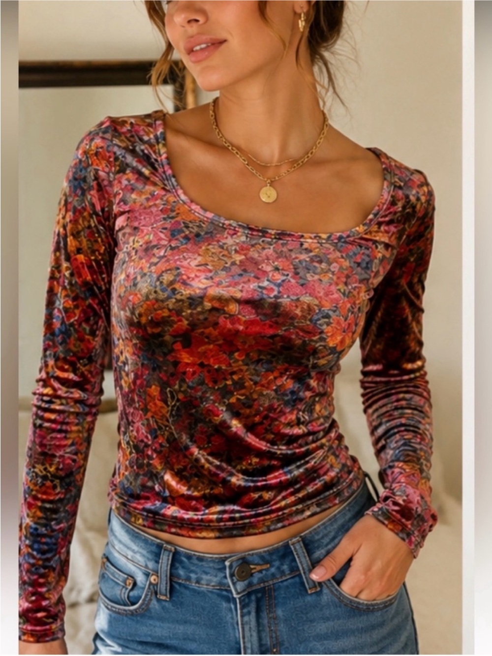 NWOT Natural Life Danielle Square Neck Floral Velvet Long Sleeve Top